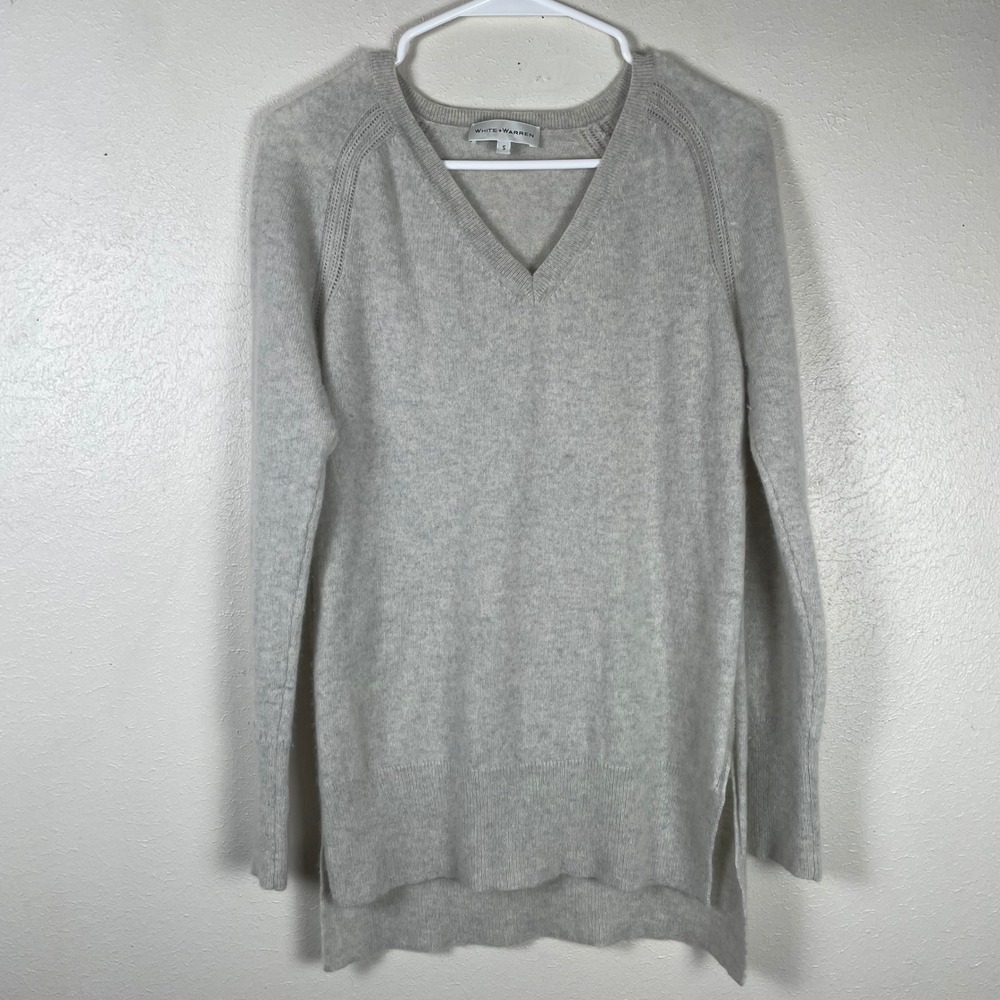 White + Warren Womens 100% Cashmere V-Neck Tunic Sweater Grey Heather Small